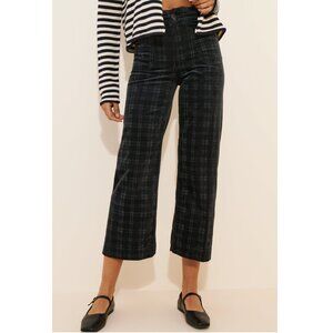 Anthropologie Maeve The Colette Cropped Wide Leg Corduroy Plaid Pants Black 27